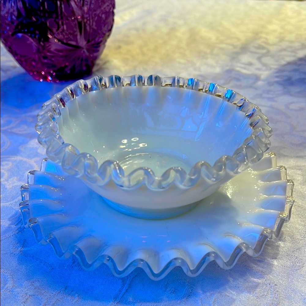Fenton White Ruffled Glass Bowl and Plate Set